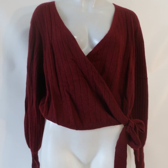 NWT Womens Crush Chica Maroon Pure Cashmere Ribbed Ballet Wrap Sweater 2 US/M - Picture 3 of 15